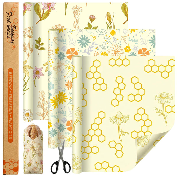 3 Rolls Reusable Beeswax Food Wraps 13'' X 59'' Eco Friendly Sustainable Beeswax Food Storage Wrap Honeycomb Floral Organic Cotton Food Wrap for