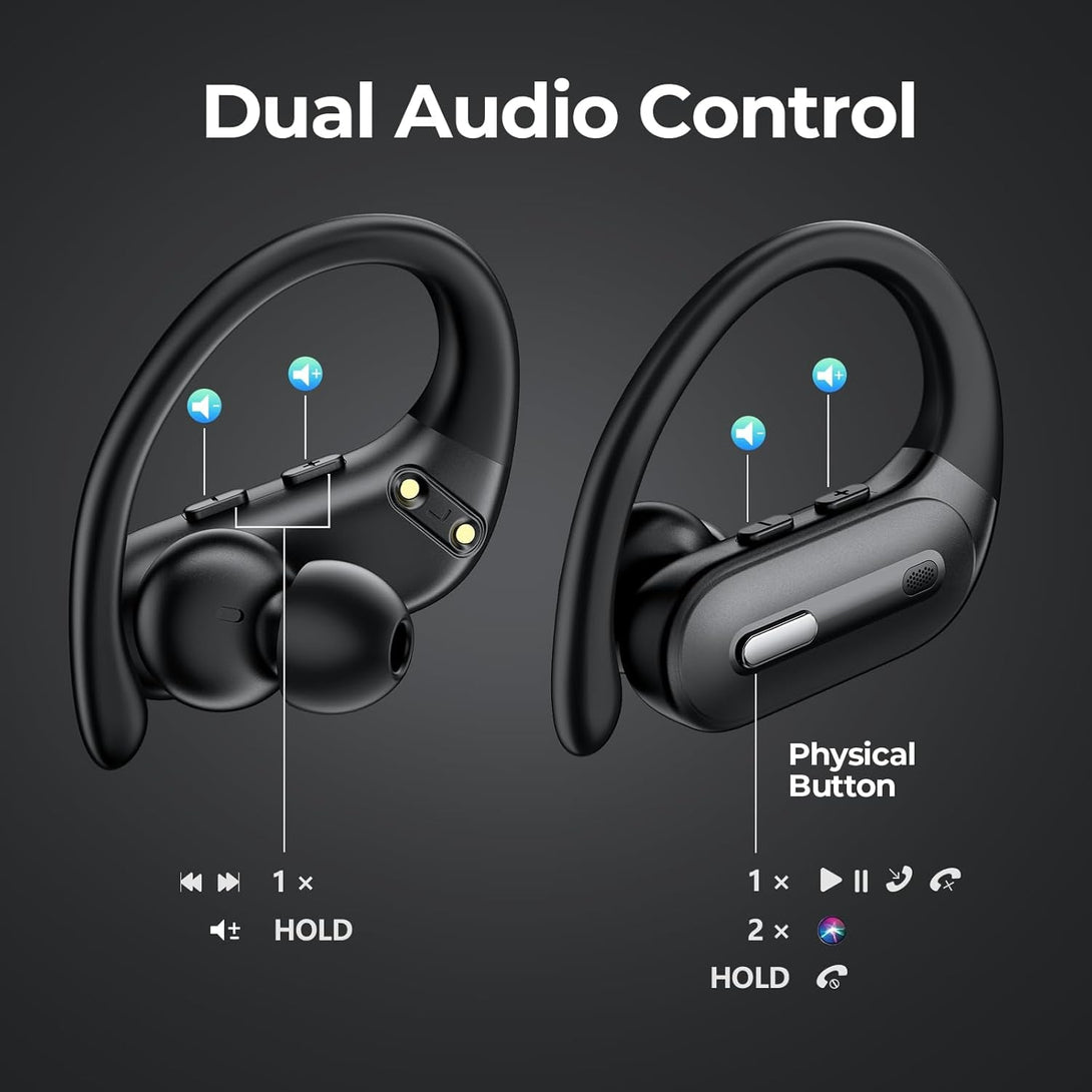 Wireless Earbuds Bluetooth 5.3 Headphones 90 Hrs Playtime Earbuds with Wireless Charging Case Power Display Over-Ear Earphones with Earhooks Waterproof Stereo Headset for Android Phone Workout Black