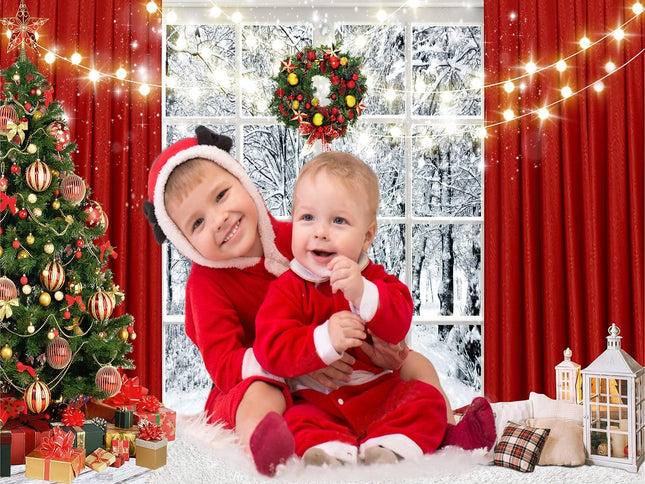 CYLYH 7X5Ft Christmas Window Backdrop for Photography Winter Snow Scene Xmas Party Decorations Background Christmas Fest