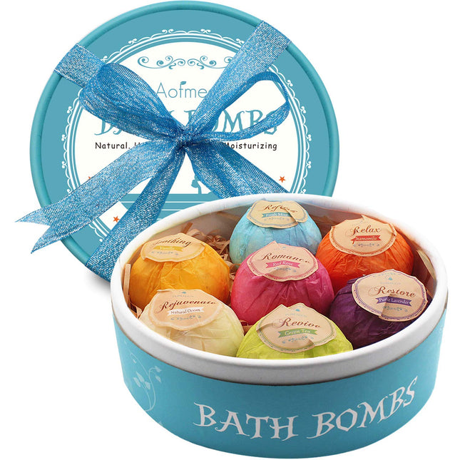 Aofmee Bath Bombs, 7pcs Bubble Bath Bombs for Women, Natural Handmade Fizzies Gift Set, Spa Organic Bathbombs for Kids, 