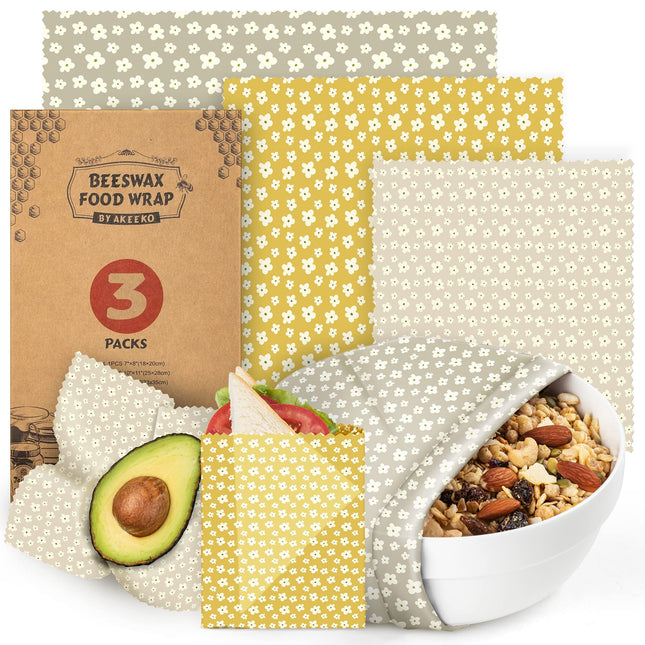 Akeeko Reusable Beeswax Food Wraps - Assorted 3 Packs, Reusable, Plastic-Free Food Storage, 1 Small, 1 Medium, 1 Large W