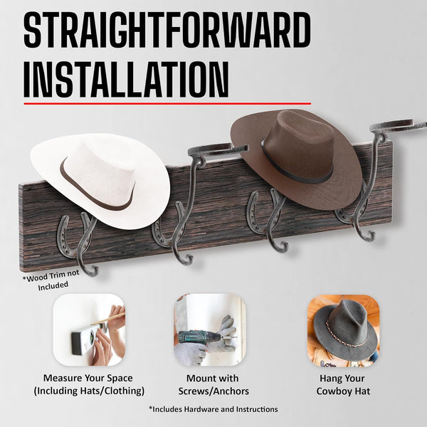 Cowboy Hat Rack - Set of 2 Decorative Wall-Mounted Holder - Heavy-Duty Iron Hanger and Organizer DIY Kit for Hats, Coats and Keys - Rustic Western