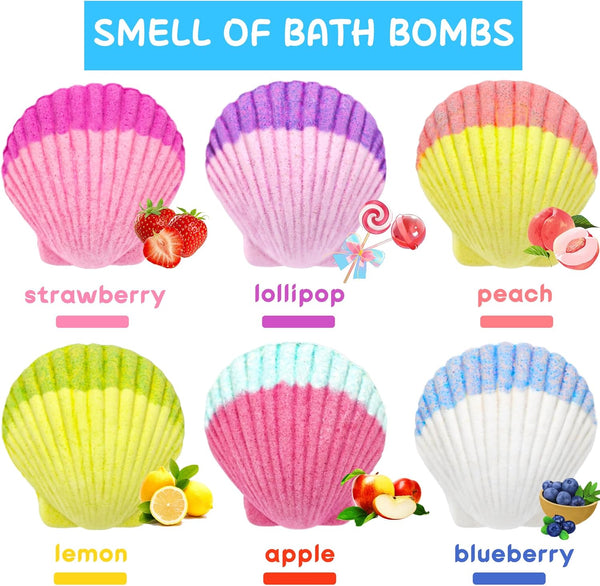 Mermaid Bath Bombs for Kids Girls with Surprise Inside, 6 Pcs Natural Fizzy Princess Fun Shell Bubble Bath Bomb Kit with Jewelry Toys, Christmas