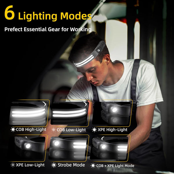 LED Headlamp Rechargeable 2PCS - 230Â° COB Super Bright Head Lights for Forehead, Hard Hat Light for Adults, USB C Headband Flashlight for Work,