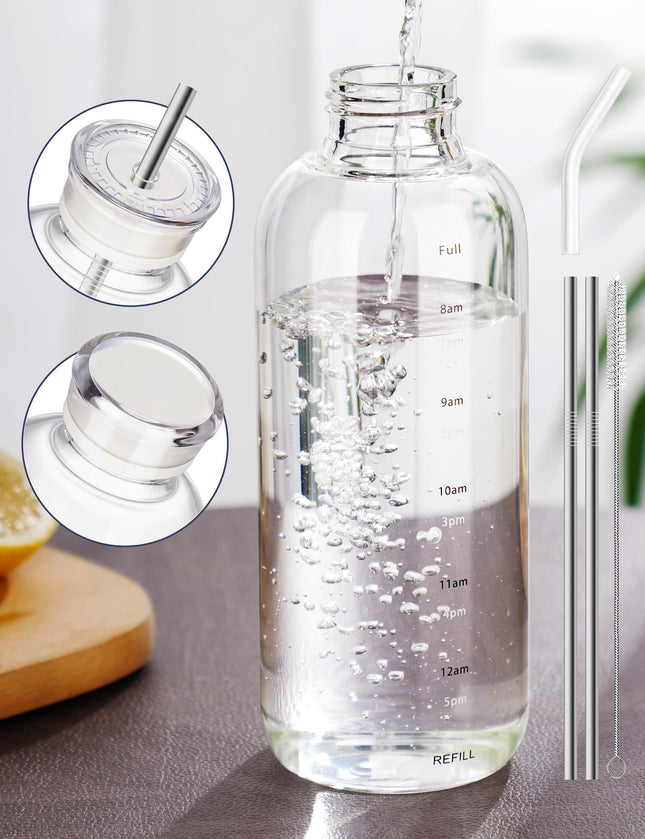 NiHome 25oz/750ml Clear Glass Water Bottle with 2 Caps & Stainless-Steel Straw, Temperature Resistant Durable High Boros