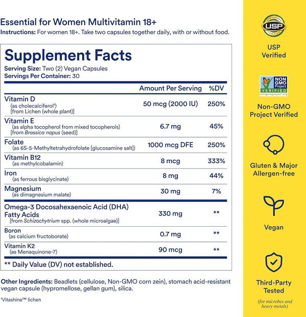 Ritual Multivitamin for Women 18+ with Vitamin D3 for Immune Support*, Vegan Omega 3 DHA, B12, Iron, Gluten Free, Non GMO, USP Verified, 30 Day