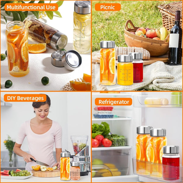 Glass Juice Bottles 16 Oz - Wide Mouth Glass Water Bottles with Lids and Sleeve- for Juicing, Smoothies, Milk, Protein, Reusable, Stainless Steel