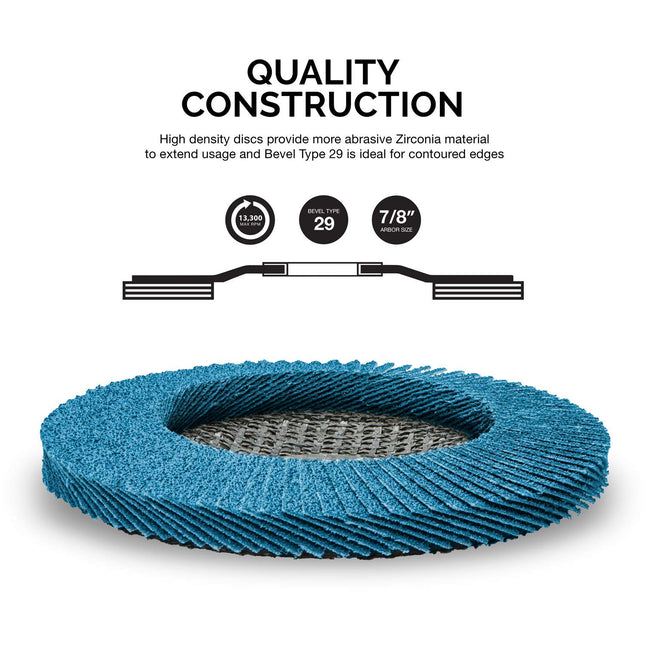 NEIKO 11257A High Density Jumbo Premium Zirconia Flap Disc | 4.5" X 7/8-Inch, 40 Grit, Bevel Type #29-10 Pack