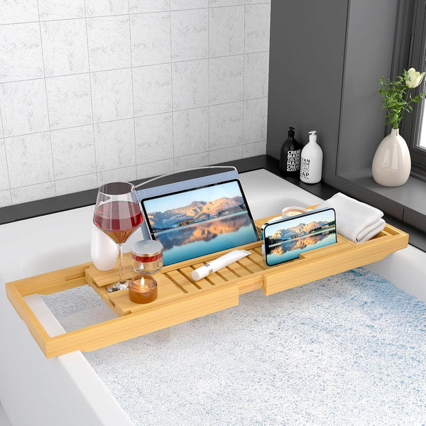 Luxury Bathtub Caddy Trayï¼Bamboo Bathtub Tray Caddy - Wood Bath Tray Expandableï¼Can Be Placed Book and Integrated Tablet Smartphone and Wine