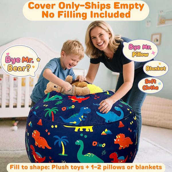 Lukeight Stuffed Animal Storage Bean Bag Chair Cover (No Filling) for Kids, Dinosaur Zipper Beanbag Chair Cover for Organizing Toddler and Kids