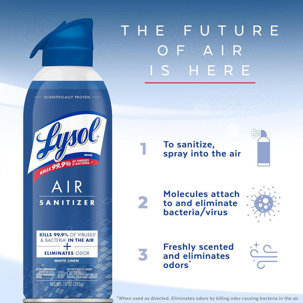 Lysol Air Sanitizer Spray, for Air Sanitization and Odor Elimination, White Linen Scent, 10 Fl. Oz