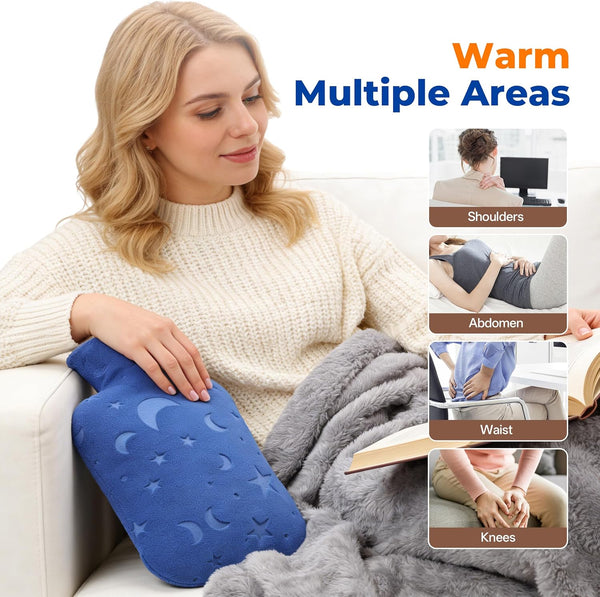 Hot Water Bottle with Soft Cover, 2L Hot Water Bag for Menstrual Cramps, Neck and Shoulder Pain Relief, Hot and Cold Therapies, Hand Feet Warmer, Blue