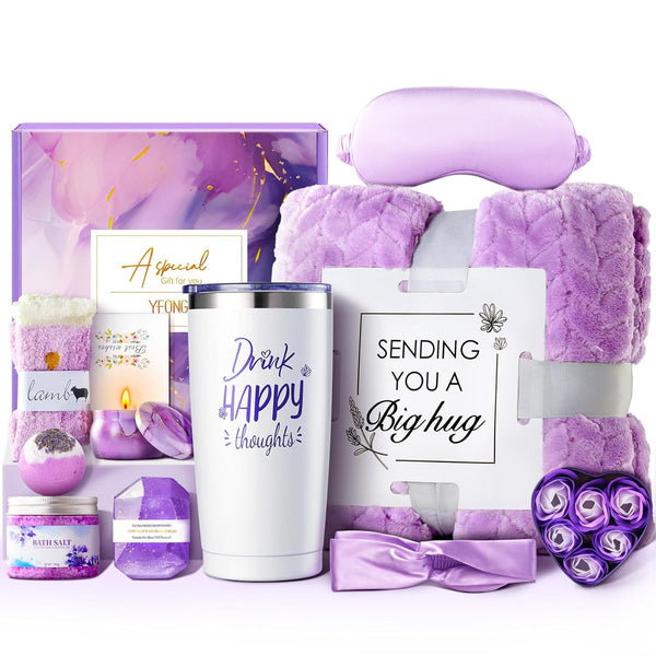 YFONG Spa Gifts for Women, Birthday Gifts for Women, Self Care Get Well Soon Gifts Basket for Mom, Wife, Girlfriend, Sister, Purple Gift Set for