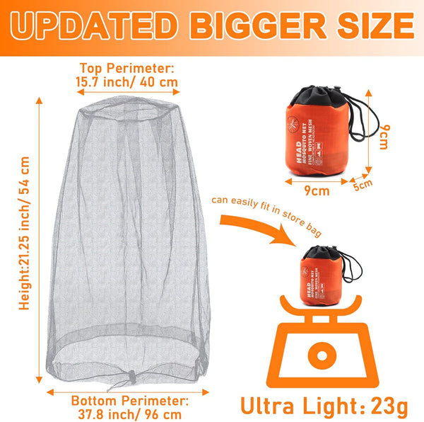 Benvo Mosquito Head Net Mesh, Face Neck Fly Netting Hood from Bugs Gnats Noseeums Screen Net for Any Outdoor Lover- with Carry Bags Fits Most