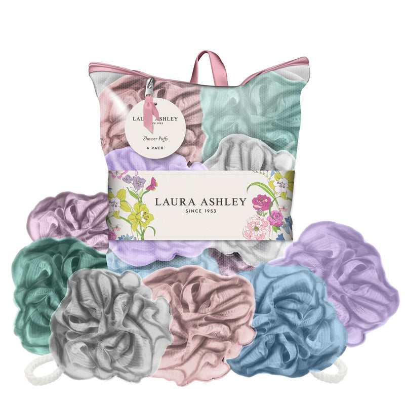 Laura Ashley 6 Pack Loofah for Women - Shower Poufs, Exfoliating & Cleansing Body Scrubbers for Shower with Washable Zip up Bag
