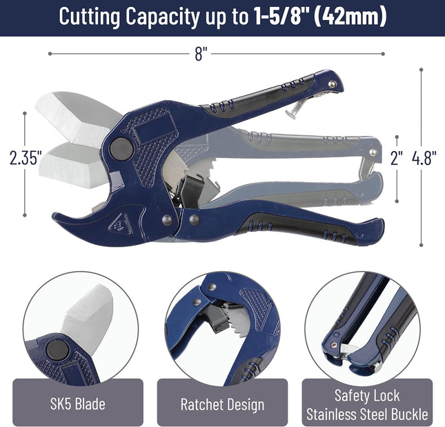 Bates- PVC Pipe Cutter, Cuts up to 1-5/8", Navy Blue Ratcheting PVC Pipe Cutter Tool, Pipe Cutters PVC Pipe Shears, Plas
