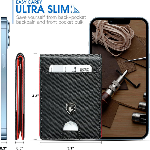 GSOIAX Mens Slim Wallet RFID Blocking Bifold Wallets for Men Minimalist Genuine Leather Carbon Fiber Card Holder Money Clip Thin Mens with Gift