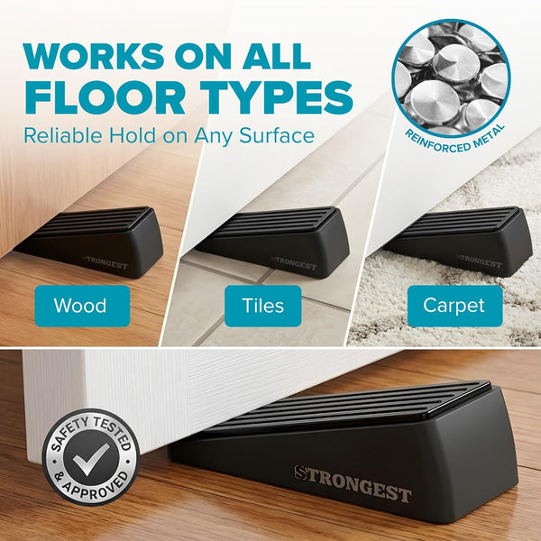 Strongest Home Door Stopper, Heavy Duty Door Stop Wedge Made of Premium Quality Zinc and Rubber Suits Any Door, Any Floor. plus 2 Self Adhesive