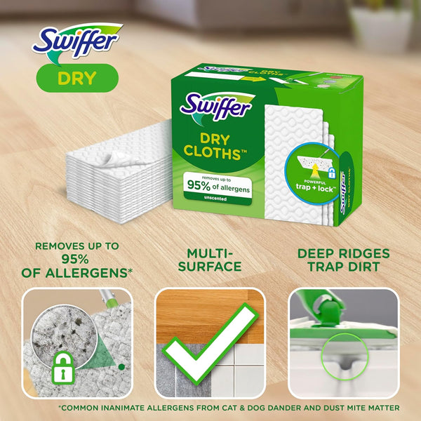 Swiffer Sweep + Mop, Dry Pads Refill, Floor Cleaner for Dirt, Dust, Hair, Cleaning Cloths for Mopping Home, Bathroom, Kitchen, Dust Mop, Floor