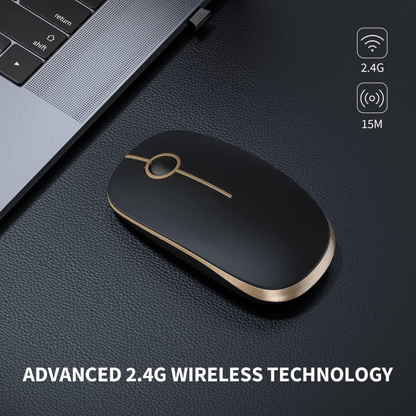 Vssoplor Wireless Mouse, 2.4G Slim Portable Computer Mice with Nano Receiver for Notebook, PC, Laptop, Computer (Black and Gold)