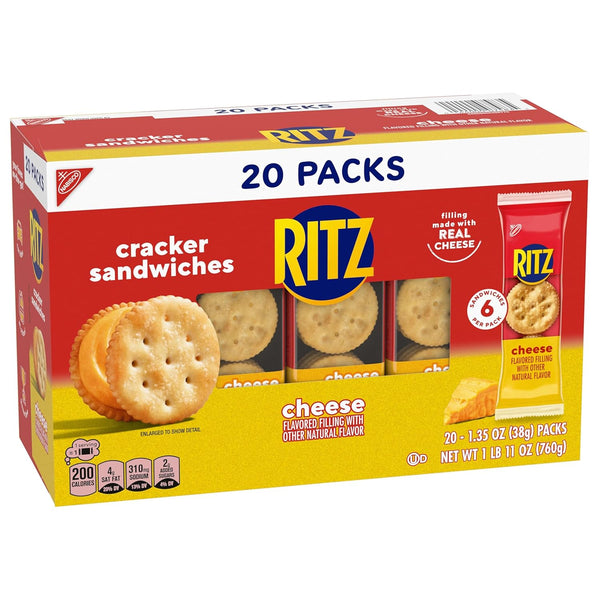 RITZ Cheese Sandwich Crackers, Lunch Snacks, 20 Snack Packs (6 Crackers per Pack)
