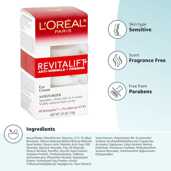 L'Oreal Paris Skincare Revitalift Anti-Wrinkle and Firming Eye Cream with Pro Retinol, Treatment to Reduce Dark Circles, Fragrance Free, 0.5 Oz.