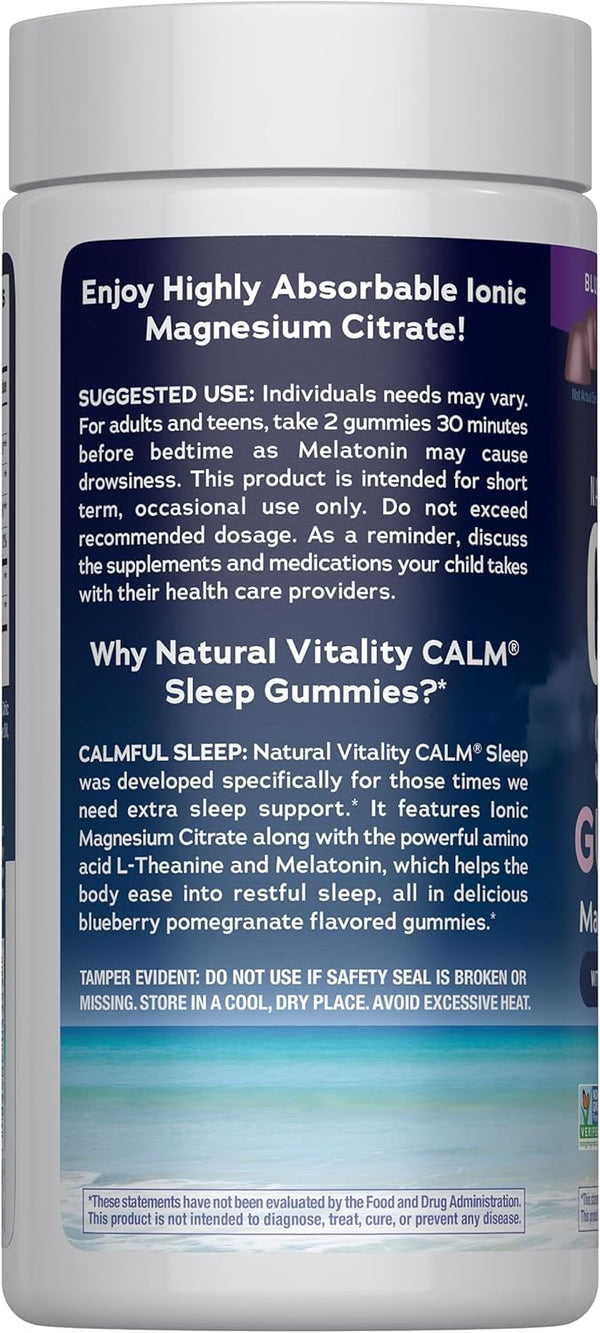 Natural Vitality SLEEP Gummies, Magnesium Supplement with Melatonin and L-Theanine, Vegan, Gluten Free, Helps the Body Ease into Sleep, Blueberry