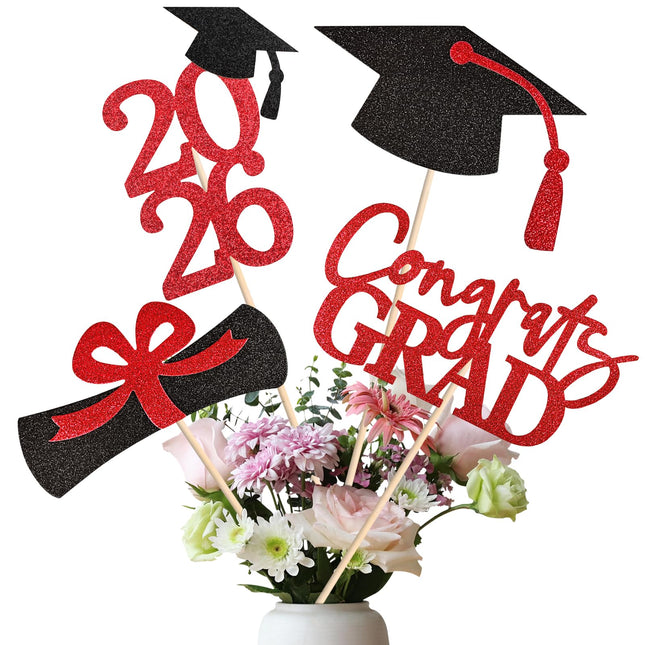 20 PCS Graduation Decorations Class of 2025, Black and Red Double-Sided Centerpieces, Grad Cap Sticks, Table Toppers, Gr
