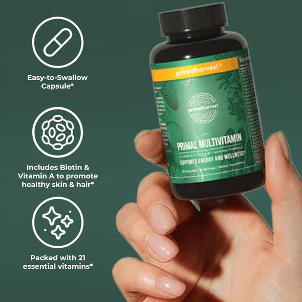 Primal Harvest Primal Multivitamin - Daily Multi-Vitamin Supplement with 21 Essential Vitamins & Minerals for Women & Men - Vitamin A, C, D, E,