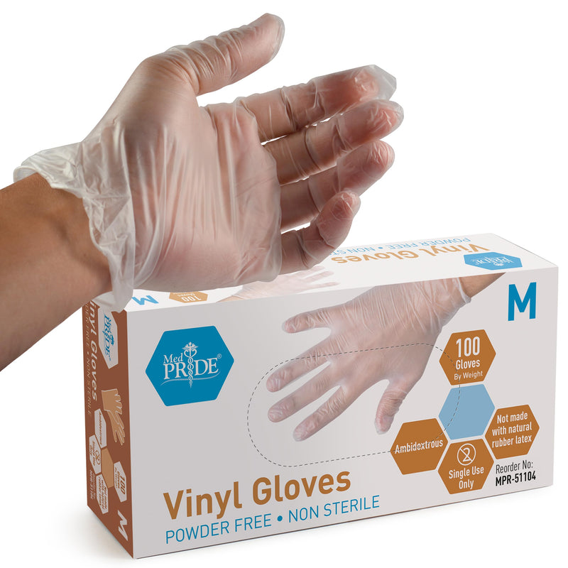 Med PRIDE Vinyl Gloves| Medium Box of 100| 4.3 Mil Thick, Powder-Free, Non-Sterile, Heavy Duty Disposable Gloves| Professional Grade for
