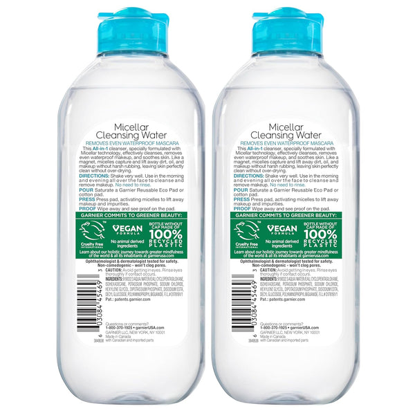 Garnier Micellar Water for Waterproof Makeup, Hydrating Facial Cleanser & Makeup Remover, Suitable for Sensitive Skin, Vegan, Cruelty Free, 13.5