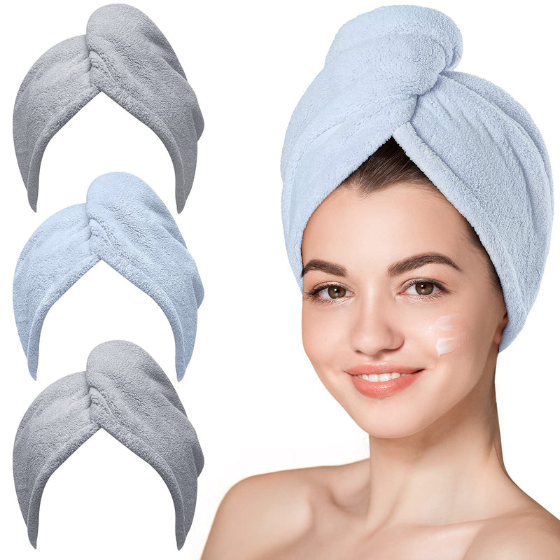 Hicober Microfiber Hair Towel, 3 Packs Hair Turbans for Wet Hair, Drying Hair Wrap Towels for Curly Hair Women anti Frizz (Grey,Blue,Grey)