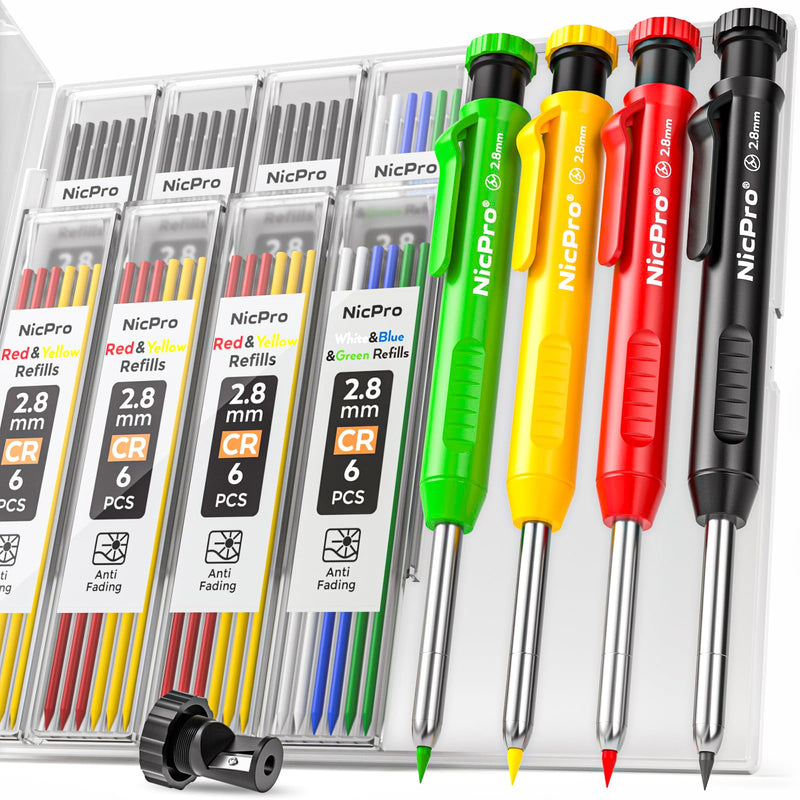 Nicpro 4 Pack Carpenter Pencil with Sharpener, Mechanical Carpenter Pencils with 52 Refills, Construction Pencil Heavy Duty Woodworking Pencils