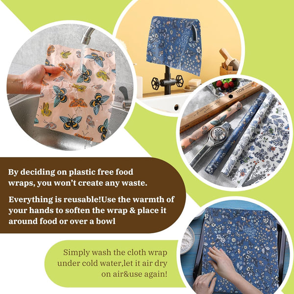 Moukeren 3 Rolls Beeswax Wraps for Food Assorted Organic Cotton Reusable Beeswax Food Wrap Sustainable Wax Paper Wrappers Plastic Silicone Free