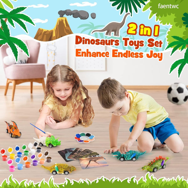 Faentwc Dinosaur Painting Toys for Kids 5-7: 2 in 1 Dino Arts Painting Kits and Pull Back Cars Toy for Boys 4 5 6 7 8 9 10 Year Old Art & Craft