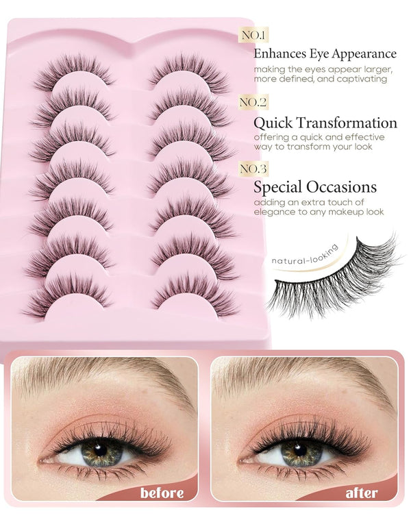 Onlyall Natural Lashes Wispy Lashes Natural Look False Eyelashes Natural Flared Eyelashes False Eye Lashes Soft Fluffy Lashes 7 Pairs D-K06, Black