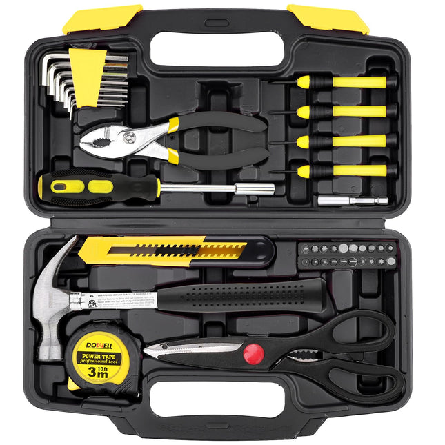 DOWELL 40 Piece Home Tool Set Yellow, General Household Hand Tool Kit with Plastic Toolbox Storage Case, Mini Repair Too