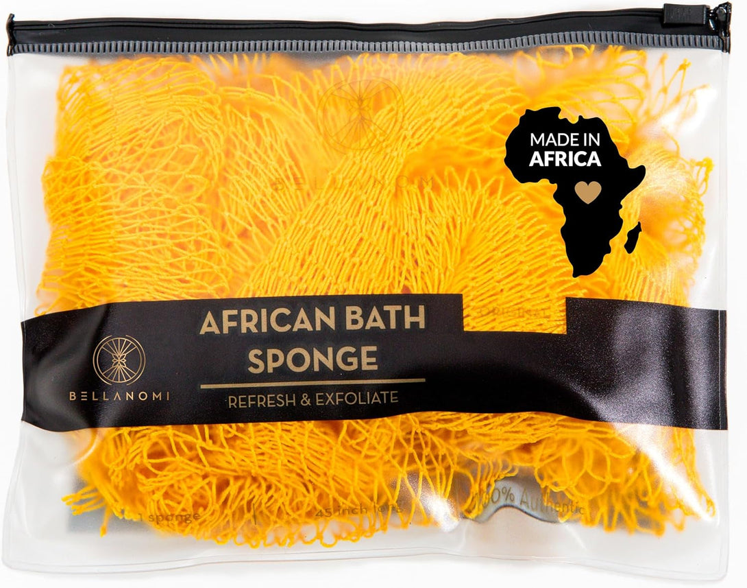 African Exfoliating Net Sponge, Authentic, Ethically Sourced from Nigeria, 45 Inches Long, Back Scrubber for Daily Use (Yellow)