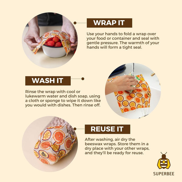 SUPERBEE Beeswax Wrap for Food, Set of 3 Bees Wax Wraps, Reusable Bees Paper for Wrapping Vegetables, Cheese, Bowl Covers and Sandwich Wrapping