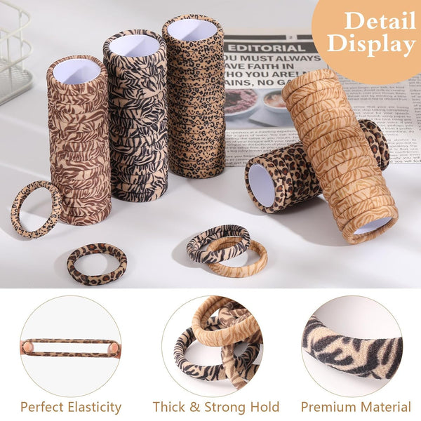 Bessrung 100PCS Seamless Elastic Hair Ties for Women Girls, No Damage Ponytail Holders for Thin Thick Hair, Leopard Animal Print Hair Bands for