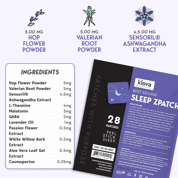 Klova Sleep Support Patches with Ashwagandha, L-Theanine, Hops, Melatonin, Valerian, GABA and Other Natural Ingredients: for Falling Asleep