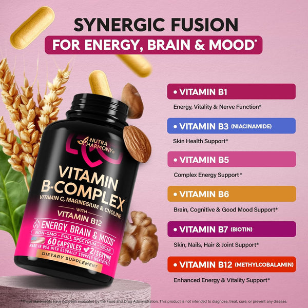 Vitamin B Complex for Men & Women - Made in USA - B-Complex: B1, B2, B3, B5, B6, B7, B8, B9, B12 with Vitamin C, Choline, Inositol - Energy, Brain