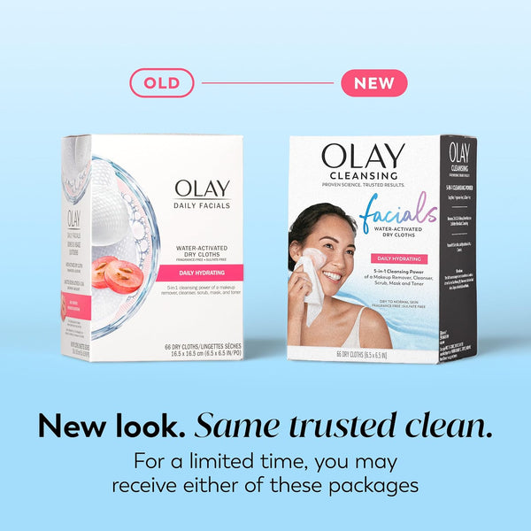 Olay Daily Facials, Daily Clean Makeup Removing Facial Cleansing Wipes, 5-In-1 Water Activated Cloths, Exfoliates, Tones and Hydrates Skin, 66 Count