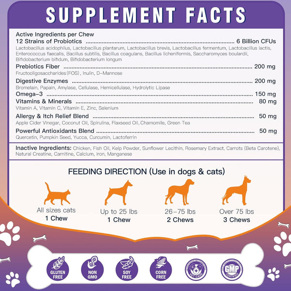 Probiotics for Dogs, Freeze-Dried Dog Probiotics and Digestive Enzymes, plus Omega-3 for Itchy Skin, 3-In-1 Prebiotics for Digestive Health, Dog