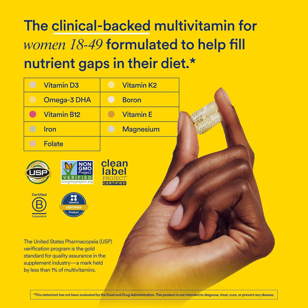 Ritual Multivitamin for Women 18+ with Vitamin D3 for Immune Support*, Vegan Omega 3 DHA, B12, Iron, Gluten Free, Non GMO, USP Verified, 30 Day