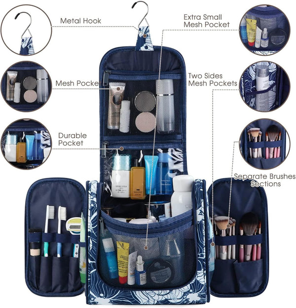 Hanging Toiletry Bag for Women Travel Makeup Bag Organizer Toiletries Bag for Cosmetics Essentials Accessories (Large, Blue Lotus)