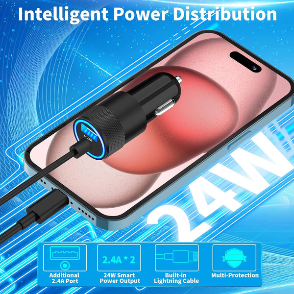 [Apple Mfi Certified] Phone 16 Car Charger Fast Charging, Caiinei 4.8A USB Power Cigarette Lighter USB-C Car Carplay Fast Charger + 6FT Type-C