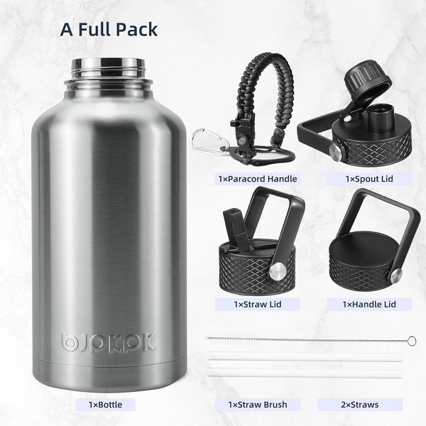 BJPKPK Half Gallon Insulated Water Bottles with Straw Lid, 64Oz Large Water Jug, Stainless Steel Bottles with 3 Lids and Paracord Handle, Thermos