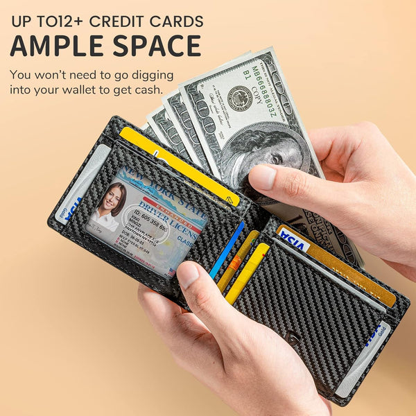 GSOIAX Mens Slim Wallet RFID Blocking Bifold Wallets for Men Minimalist Genuine Leather Carbon Fiber Card Holder Money Clip Thin Mens with Gift