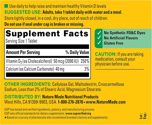 Nature Made Vitamin D3 2000 IU (50 Mcg), Dietary Supplement for Bone, Teeth, Muscle and Immune Health Support, 220 Tablets, 220 Day Supply